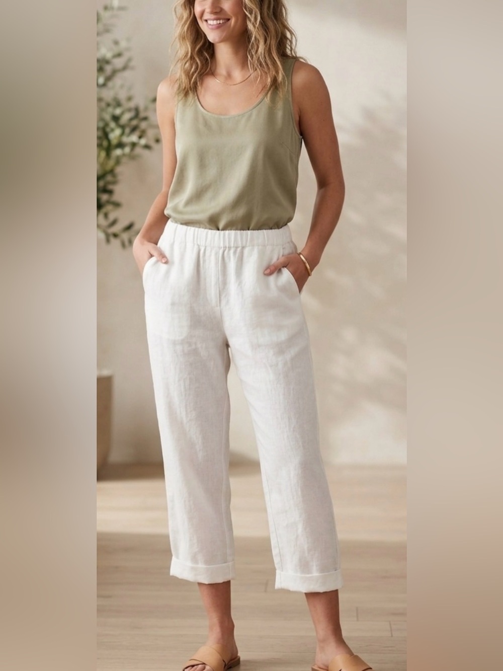 J. Jill 100% Linen Cream Elastic-Waist Capris
